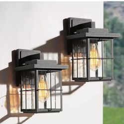 11 in. 2-Pack Black Square Outdoor Wall Lantern Sconce Modern Industrial Seeded Glass Porch Wall Lamp Metal Wall Decor