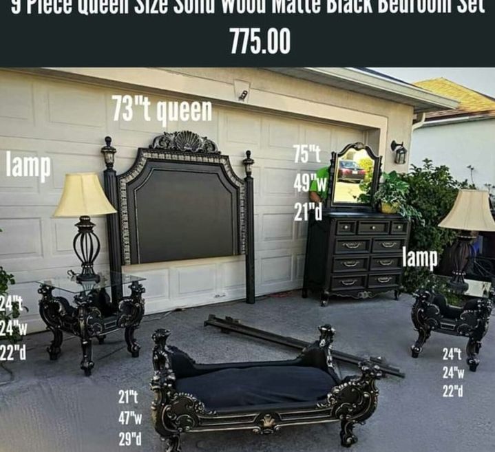 9 Piece Queen Size Solid Wood Matte Black Bedroom Set