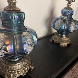 Vintage Blue Glass Lamp Set