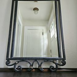 Black Wrought Iron Beveled Hanging Mirror With Scroll Design