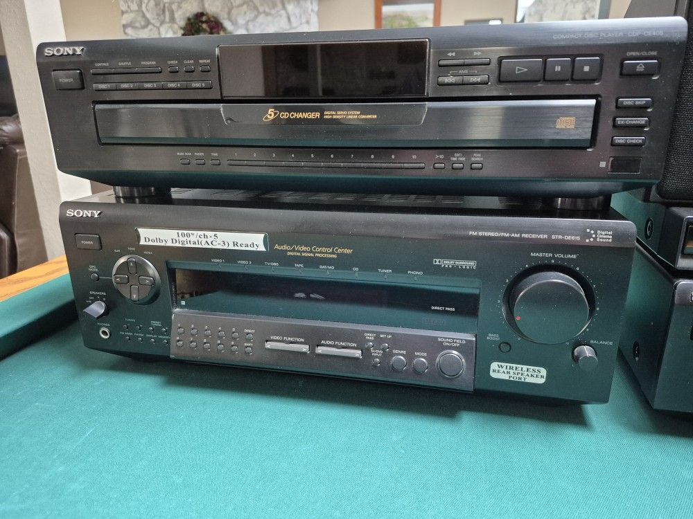 Sony Home Stereo Reciever, 5 Disk Changer, DVD Player, Tape Player And Polk Center Channel Spraker