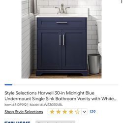 Brand New | Style Selections Harwell 30-in Midnight Blue Undermount Single Sink Bathroom Vanity with White Engineered Stone Top