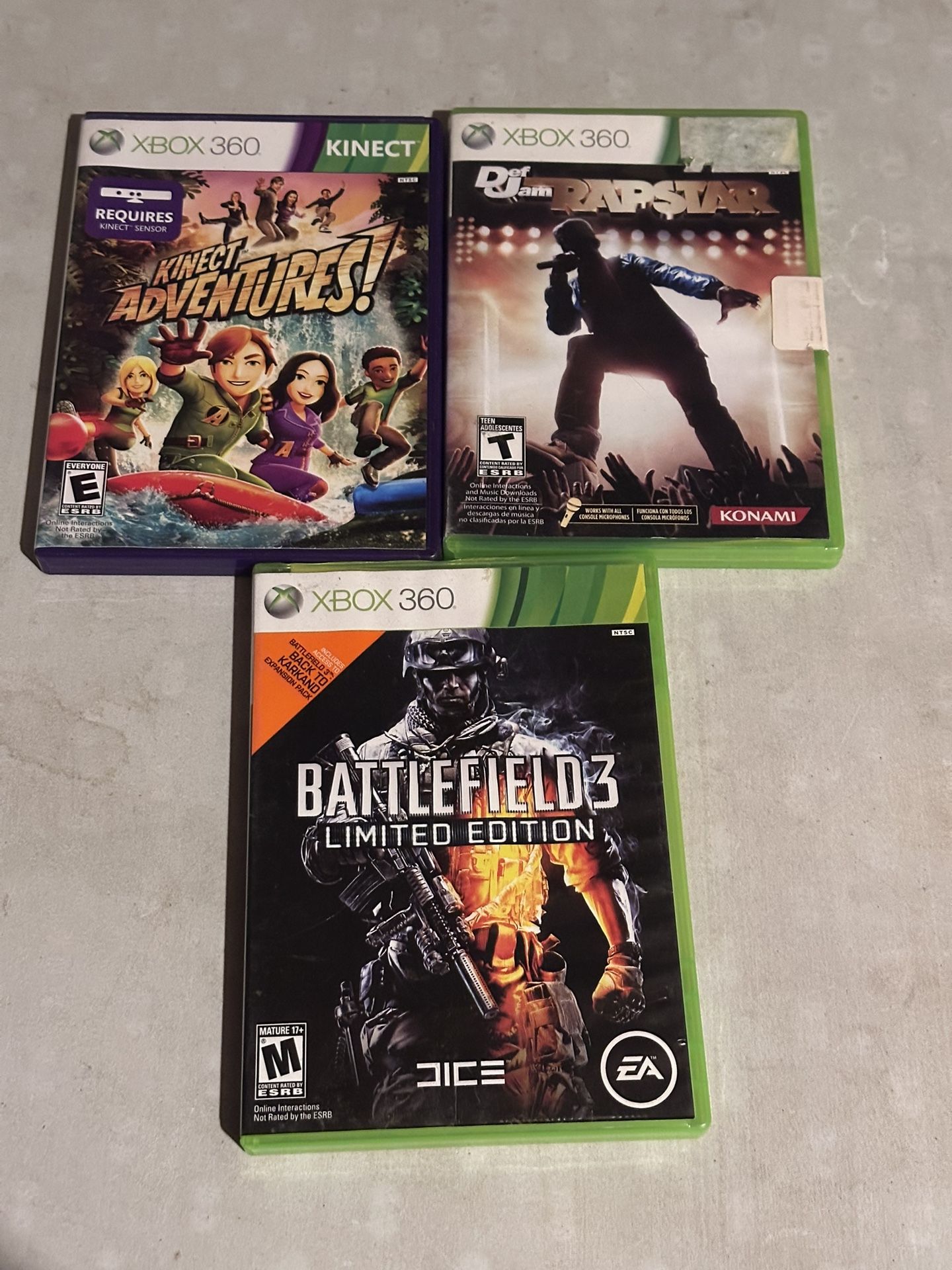 (3)Xbox 360 Video Game Bundle: Battlefield 3, Rap Star, Kinect Adventure