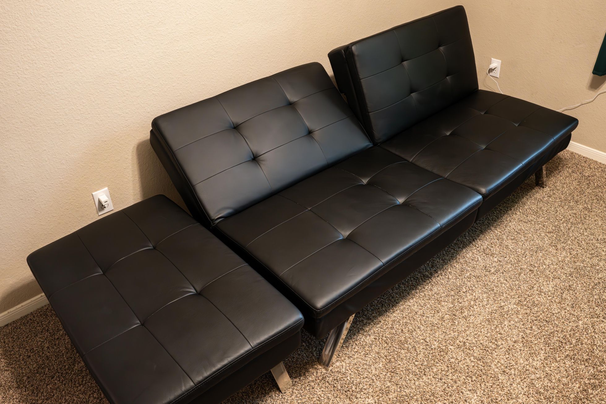 Futon Couch Convertible Splitback Black Leather With Ottoman