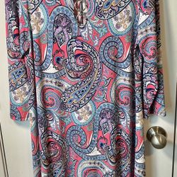 MSK Dress/Shift, MultiColor Paisley Print, 3 "O" Rings/Keyhole Neckline Sz Large