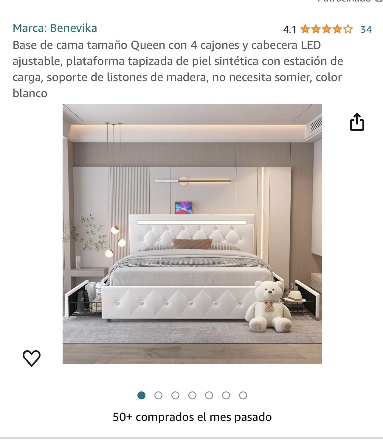 Base de cama tamaño Queen con 4 cajones y cabecera LED ajustable, plataforma tapizada de piel sintética con estación de carga, soporte de listones de 