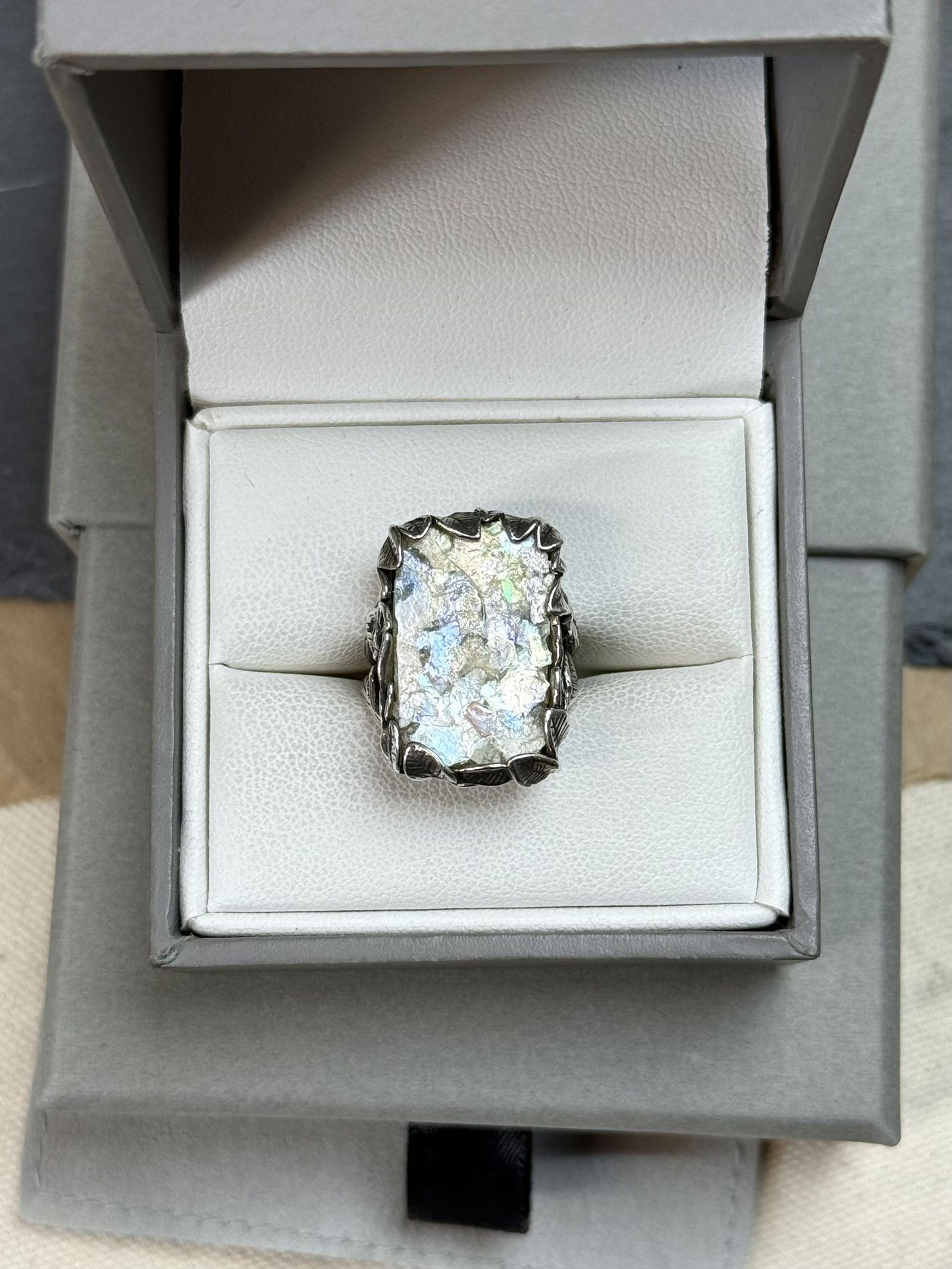 Sterling Silver 925 Roman Glass Rectangular Leaf Design Ring