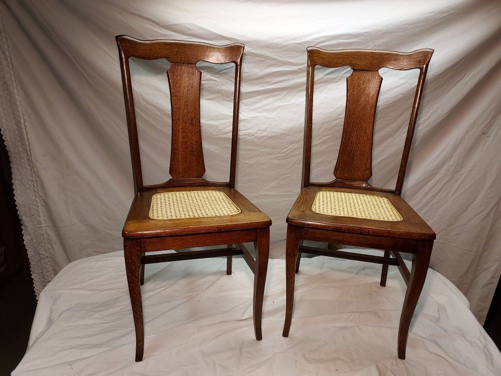 Set Of Two Antique Fiddle-back Chairs With Restored Cane Seats