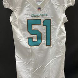  #51 MIAMI DOLPHINS TEAM ISSUED WHITE JERSEY  MIKE POUNCEY  SIZE 44 YEAR 2016 LINE CUT  BACK NAME PLATE SPELLING IS WRONG!