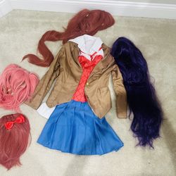 Sayori Yuri Netsuke Monika Girl School Uniform DDLC Cosplay Adult Costume plus Wig. Wig with Bowknot Short Coral. Short Pink Wig with 2 Clips Ponytail