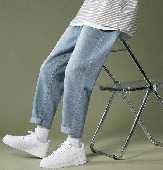 Light blue denim men's summer lightweight American-style wide-leg straight pants, trendy brand, mid-length pants, loose and casual long pants