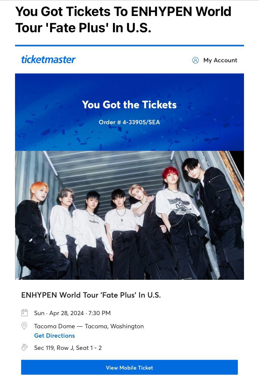 Enhypen 4/28 Kpop Two Tickets Tacoma Dome 