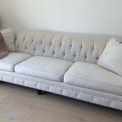 Bernhardt Tufted Linen Sofa Couch Cream Rolled Arms