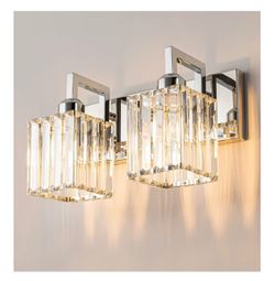 Modern Bathroom Vanity Light 2-Lights Chrome Crystal Wall Lamp