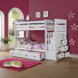 💥New Kids Wood Twin over Twin w/ Trundle & Storage Stairs Bedroom Bunk Bed 2 Colors $10 DOWN