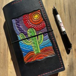 Standard Size Trifold Leather Travelers Notebook W Handtooled And Handpainted Desert Scape