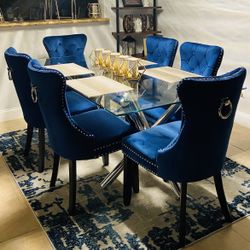 Set of 2 Upholstered Dining Chair with Nailhead Trim and Solid Wood Legs, Navy Luxury Wingback Dining Side Chair for Living Room, Bedroom, Kitchen