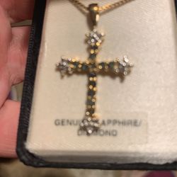 18 KT Gold Over Sterling Silver Cross With Sapphire And Diamond