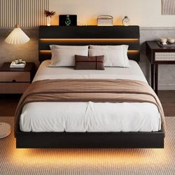 Floating Bed Frame Full Size with USB Charging Station, LED Bed Frame with Storage Headboard, Black Metal Platform Bed Double Size, No Box Spring Need