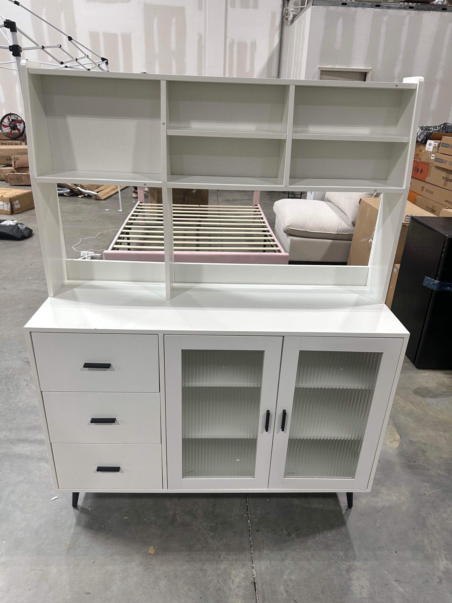 Kitchen Hutch Storage Cabinet, Freestanding Kitchen Pantry with Glass Doors and 3 Drawers for Dinning Room
