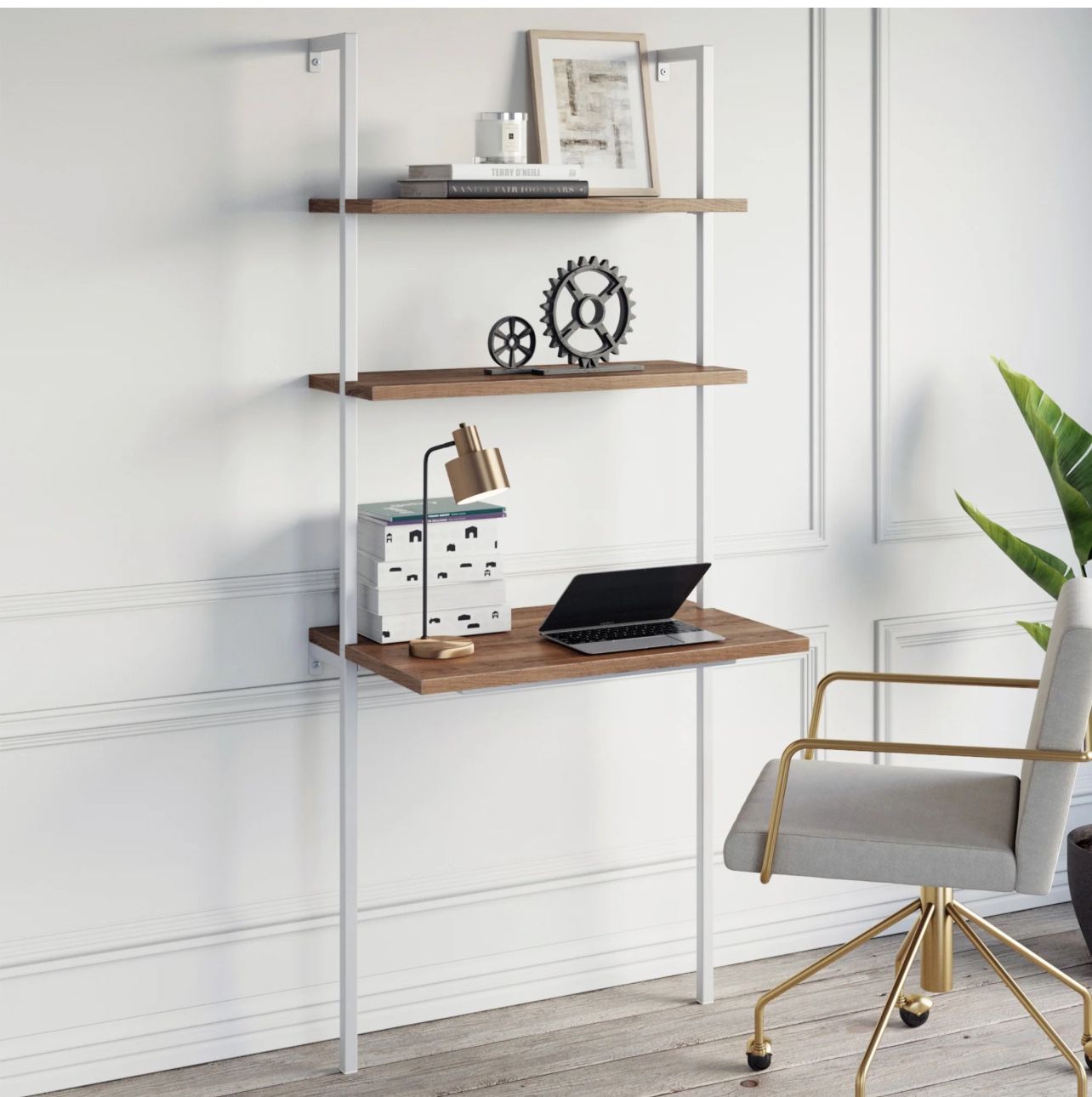 Wood Wall Mount Ladder 2-Shelf Desk Oak