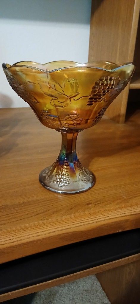 Vintage Carnival Glass Pedestal Bowl – Grape Pattern, Amber Iridescent