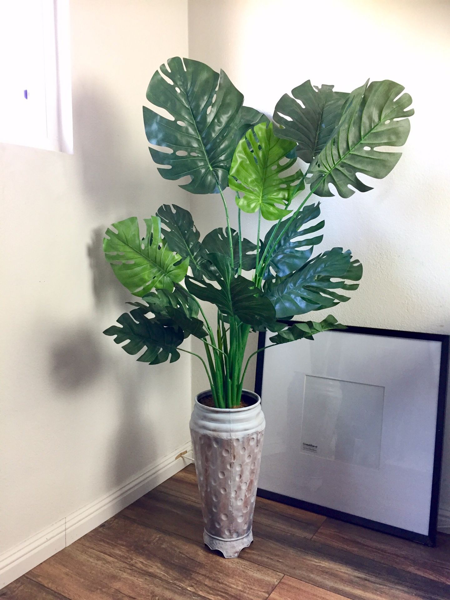 Large 57 inch Faux Fake Monstera Plant in Distressed Painted Vase