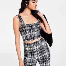 Misses Bar III Black & White Plaid-Print Large Tank Crop TOP, Blouse. NWT! Cute