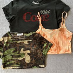 3 Top Bundle ( Bedazzled Diet Coke Baby Tee, Mesh Camo Top, Floral See thru Tank)
