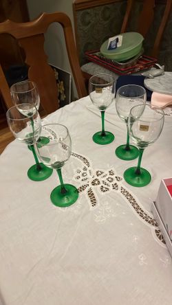 Six Glass Wine, Glasses, Green Stems