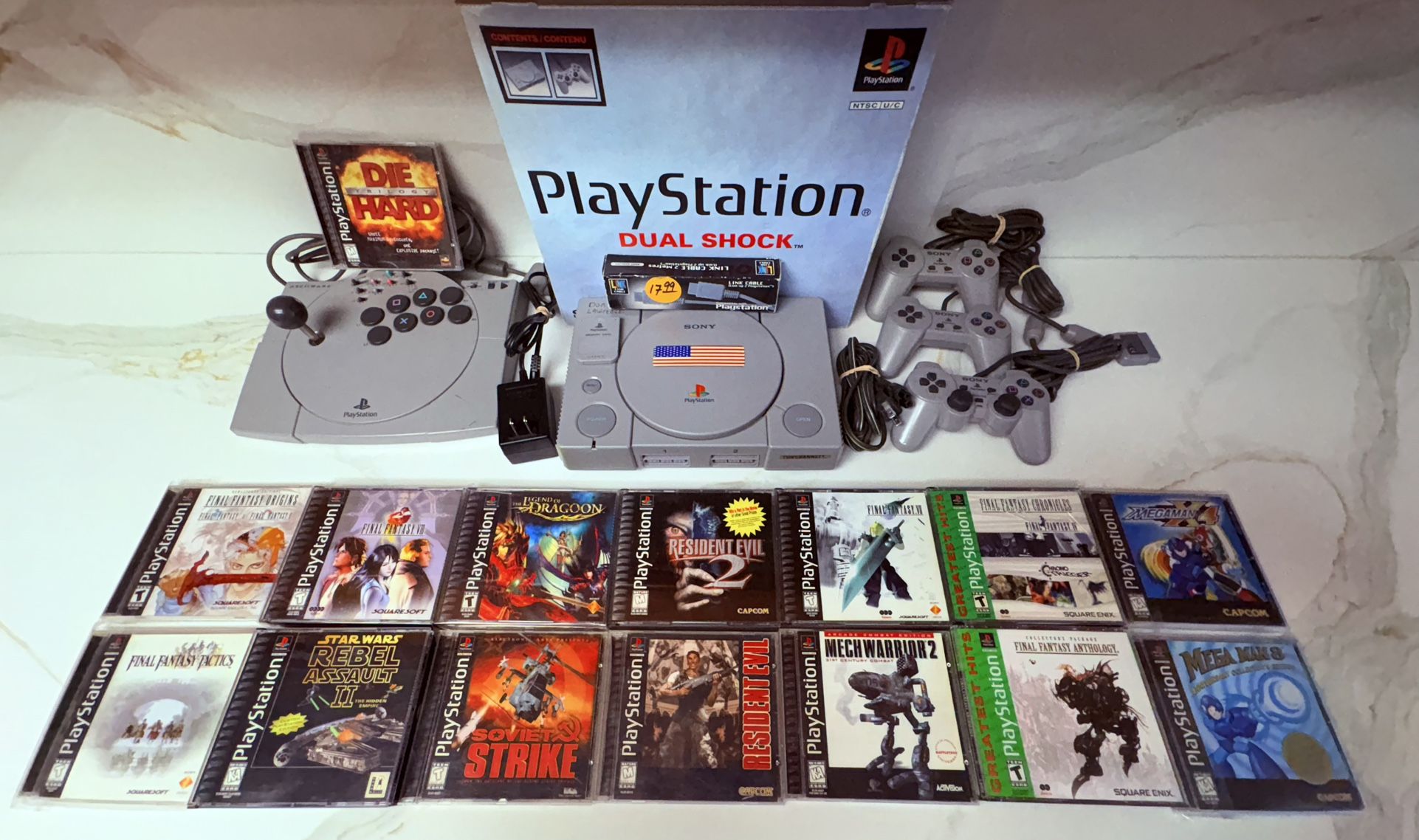 PlayStation 1 Bundle - Box, Arcade Stick, Controllers, and over 20 Games