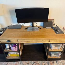 Industrial-Style Rustic Wood & Metal Home Office Desk with Storage Shelves