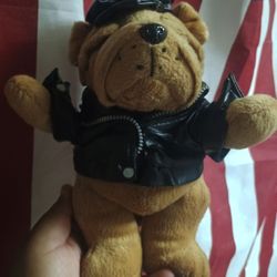 Stuffed Bulldog In A Leather Jacket And Hat Plushie