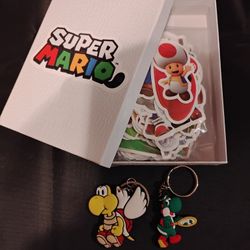 Super Mario Stickers lot of 100 + 2 Keychains 