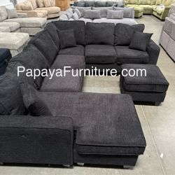 New! REVERSIBLE Large Sectional Sofa And Ottoman, Reversible Chaise Couch, Sectional, U-shaped Sofa, Sectionals Sofas, Couch,Black Sectional,Chenille 