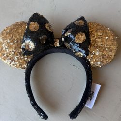 Minnie Ears Black Gold Sequin Bow Disney Mickey Mouse Polka Dot Headband
