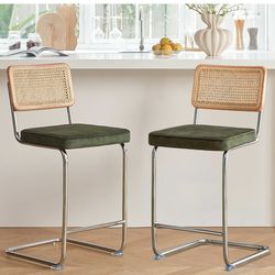 Natural Rattan Bar Stools Set of 2 with Solid Wood Back, 29 Inch Mid Century Modern Counter Height Stools, Green Upholstery Boho Stool for Kitchen Cou