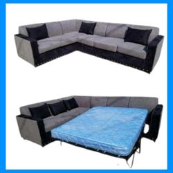 BRAND NEW 7X9FT AND 9X5.5FT SECTIONAL SOFA, CHAISE WITH SLEEPER,  Charcoal Microfiber Combo, black cordoroy gunmental cordoroy FABRIC. CUSTOM MADE AVA
