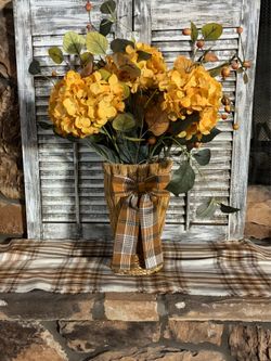 Ht-24.5in width-27in HANDMADE artificial peach hydrangeas in a straw vase
