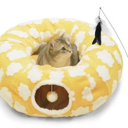 Cat Tunnel Bed for Indoor Cats,Soft Peekaboo Cave Cat Donut Tunnel with Washable Circle Cushion Central Mat, 3 Ways Shaped Round Pet Play Tunnel Toy f