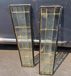 Very cool matching set of decorative glass panels with gold-toned grid detailing and textured glass accents. These would be great for a creative home 