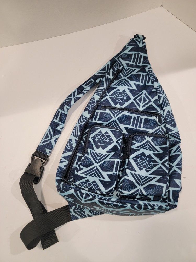 NoBo Blue Geometric Design Sling Bag ~ Light Weight, Adjustable Strap, 5 Pockets