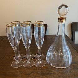 6 Vintage Italian Champagne Flutes With Decanter