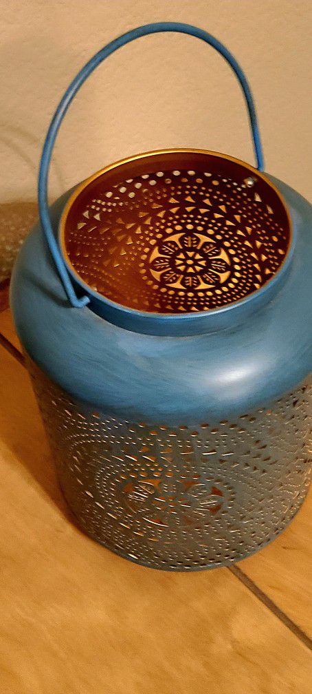Beautiful Large Blue And Gold Lantern For Candle Pillar Or String Lights