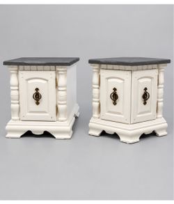 Pair of White Wood Nightstands with Stone Tops