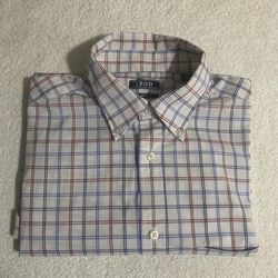 IZOD Premium Essential Mens Long Sleeve Button Up Blue Peach Check Shirt Size M