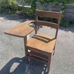 Antique Mission Style Oak Wood Student School Chair with Attached Desk 