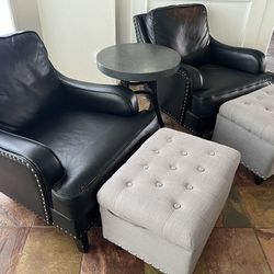 Black Leather Chairs and Gray Cloth Ottomans