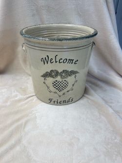 Welcome Friends Stoneware Crock planter with Handles