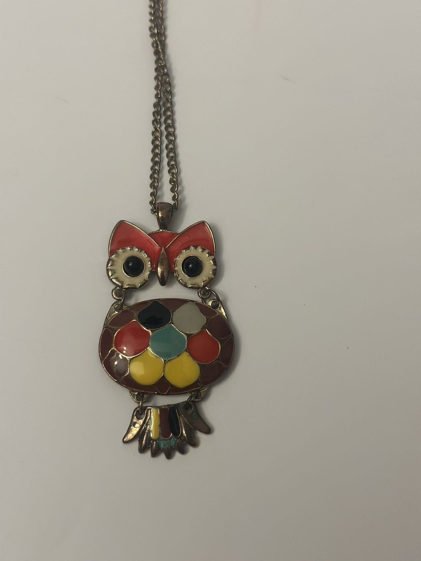 Vintage Multicolored Owl Pendant Necklace. 3 X 1 Inches And Chain Measures 14 Inches
